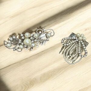 Vintage 1960s Hair Pin Clip Snap Alligator Pearl Beaded Comb Set Lot